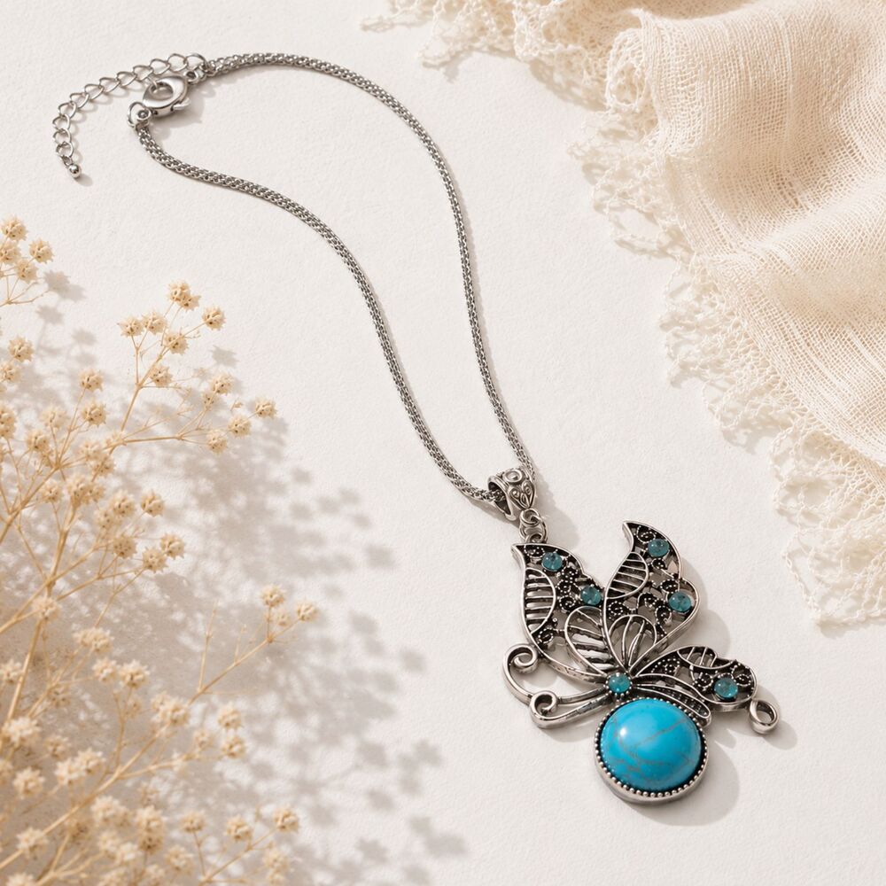 Silver Tone Faux Howlite Butterfly Pendant Necklace with Rhinestones